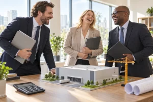 Three fictional adults clearly laughing during a business investment tax relief meeting beside blank folders, a model warehouse and crane.