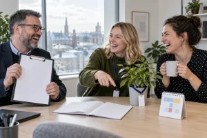 Three fictional adult managers clearly laughing beside a blank clipboard and an office plant with a lanyard during small business health training.