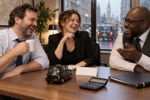 Three fictional adult taxi office workers clearly laughing beside a plain black taxi toy and calculator during black cab tax reform discussions.