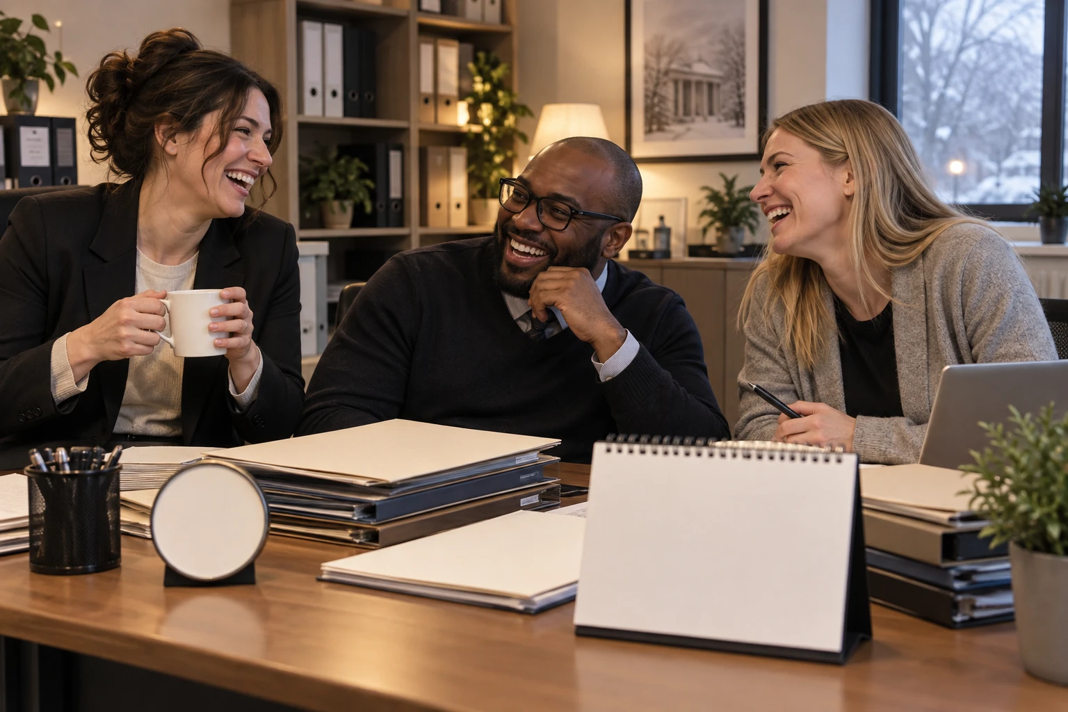 Three fictional adult court administration workers clearly laughing beside a blank calendar and clock during court holiday opening times planning.