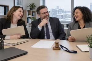 Three fictional adult recruitment administrators clearly laughing beside a blank application form and wooden paperweight during magistrate recruitment campaign planning.