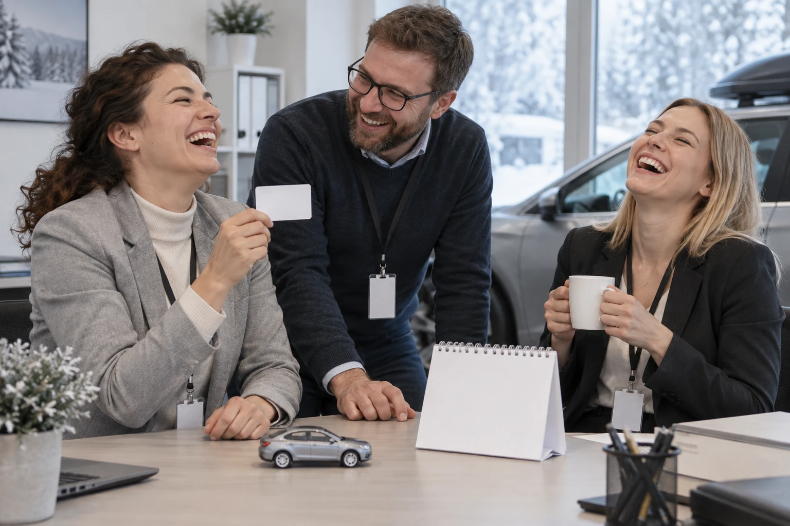 Three fictional adult vehicle service administrators clearly laughing beside a blank card and toy car during DVLA holiday opening hours planning.