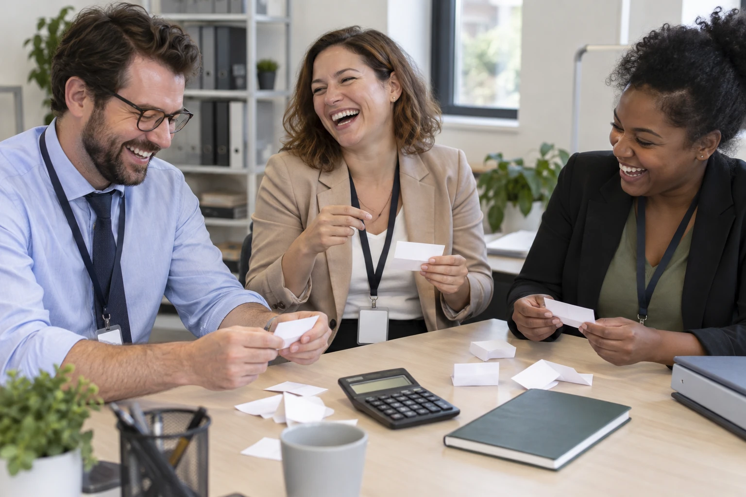 Three fictional adult public finance office workers clearly laughing beside blank folded paper slips and a calculator during Treasury bill market consultation planning.