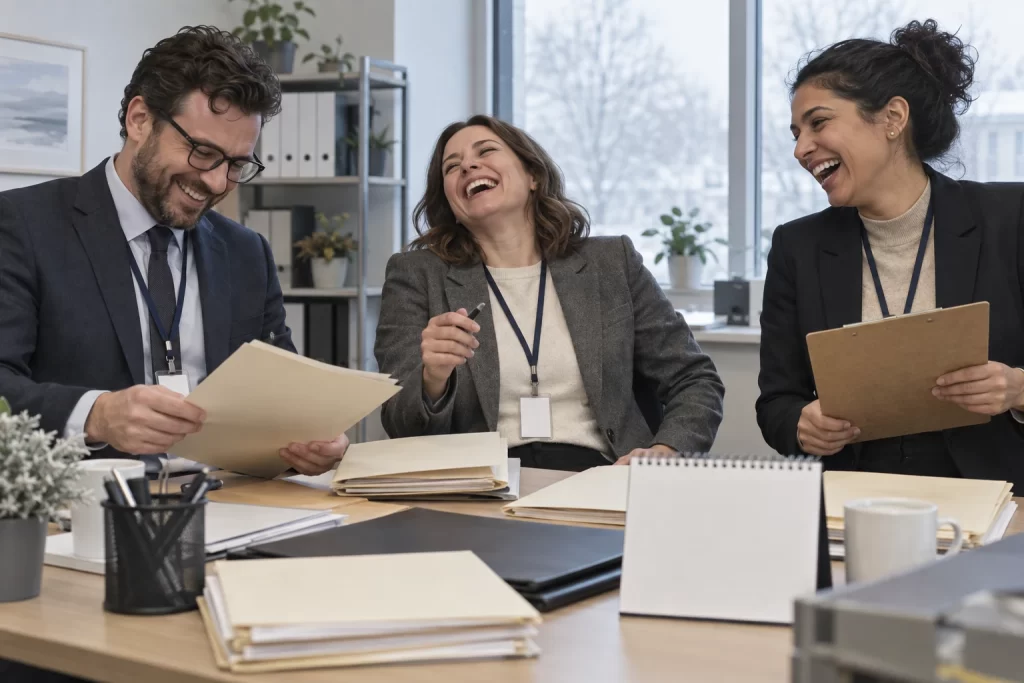 Three fictional adult regulatory administration workers clearly laughing beside blank folders and a calendar during veterinary application deadlines planning.