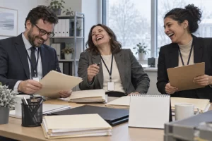 Three fictional adult regulatory administration workers clearly laughing beside blank folders and a calendar during veterinary application deadlines planning.