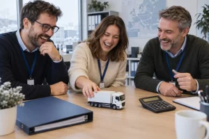 Three fictional adult logistics office workers clearly laughing beside a plain toy lorry and calculator during electric lorry grant planning.