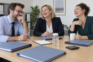 Three fictional adult water company compliance office workers clearly laughing beside blank folders and a sample jar during water pollution plans discussion.