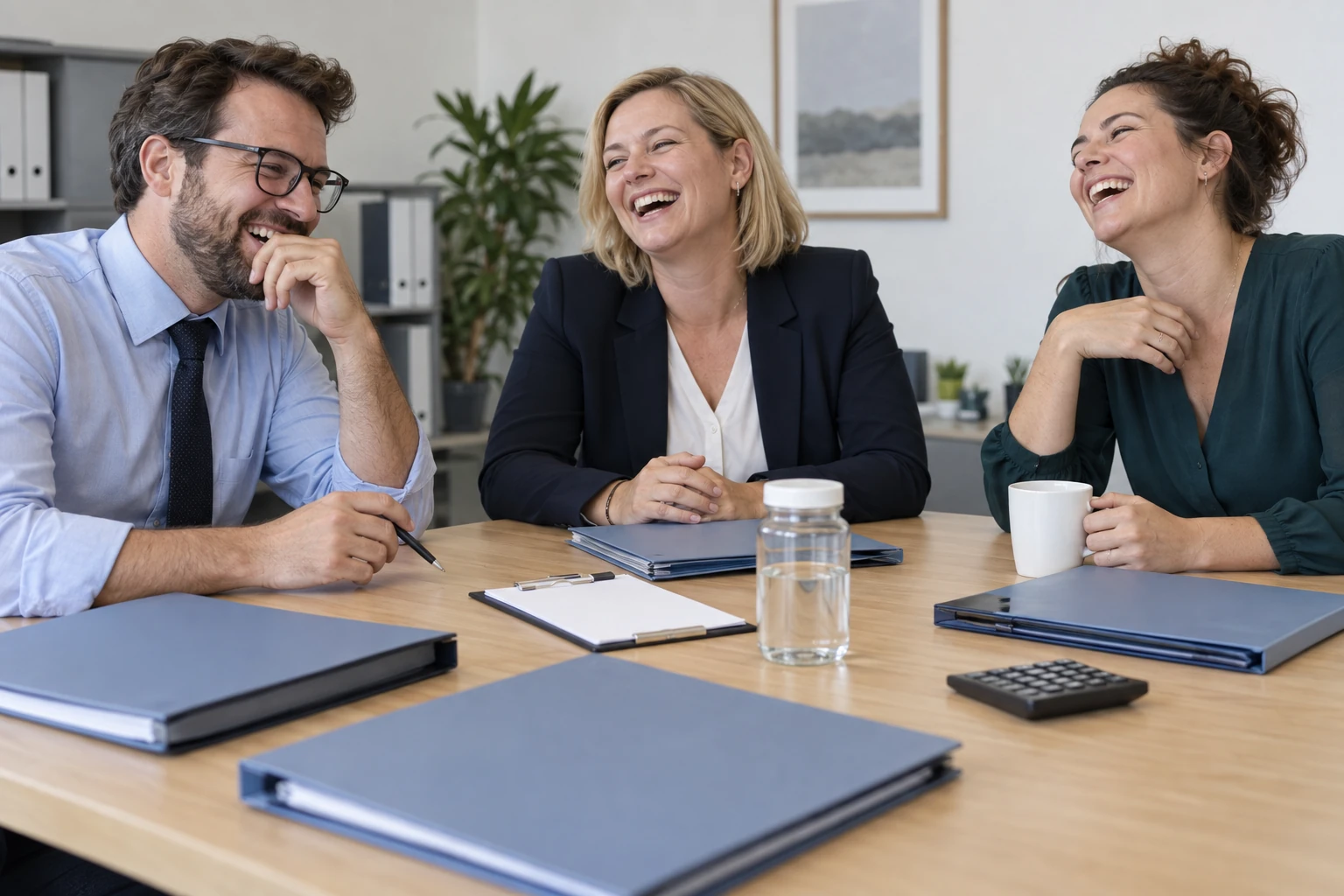 Three fictional adult water company compliance office workers clearly laughing beside blank folders and a sample jar during water pollution plans discussion.