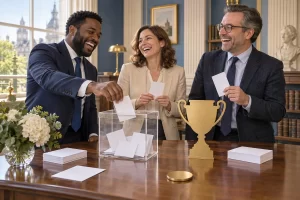 Three fictional adult intellectual property office workers clearly laughing with blank voting cards during a trade mark vote.