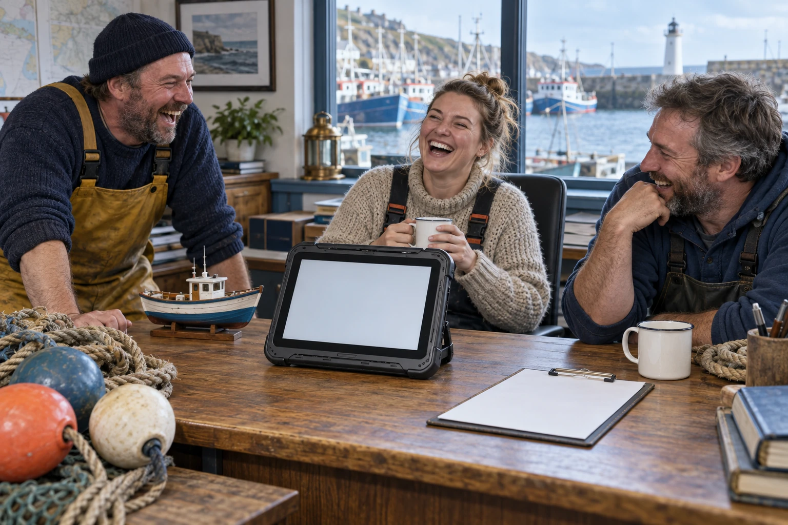 Three fictional adult fishing operations workers clearly laughing beside a blank logbook during fishing reporting rules briefing.