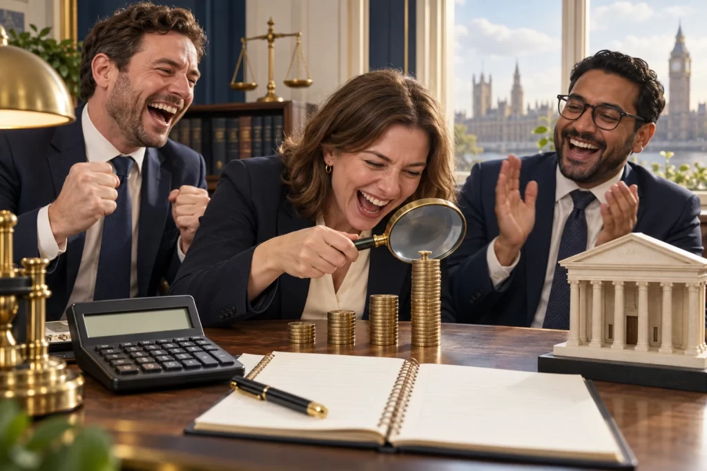 Three fictional adult court funds office workers clearly laughing beside a blank calculator during Court Funds rates review.