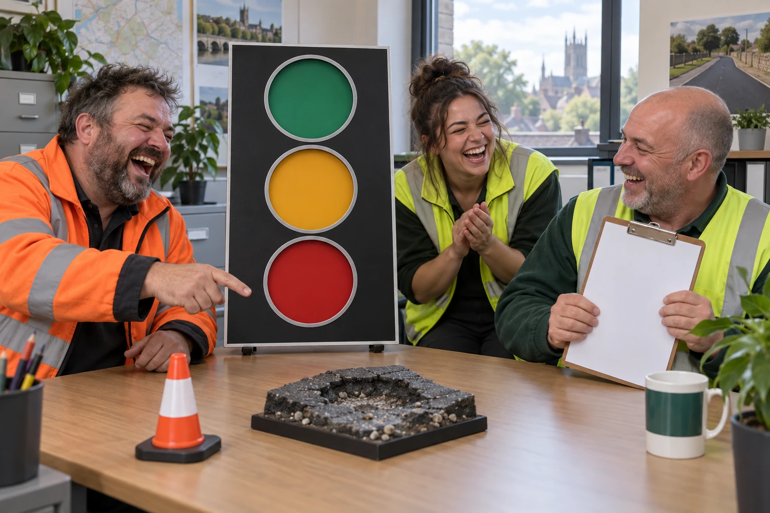Three fictional adult road maintenance workers clearly laughing beside a blank rating board during road maintenance ratings review.