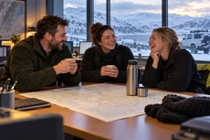 Three fictional adult winter safety operations workers clearly laughing beside a blank map and plain thermos in a snowy office.
