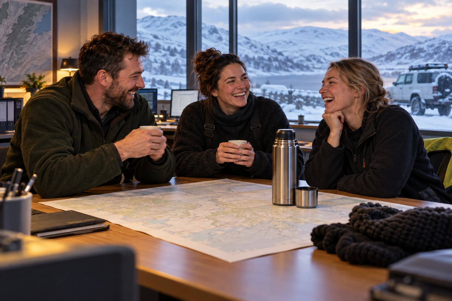 Three fictional adult winter safety operations workers clearly laughing beside a blank map and plain thermos in a snowy office.