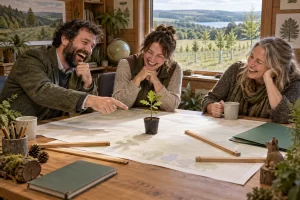 Three fictional adult landscape planners clearly laughing beside a small sapling during new national forest planning.