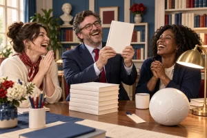 Three fictional adult reading campaign organisers clearly laughing beside blank books during National Year of Reading launch.