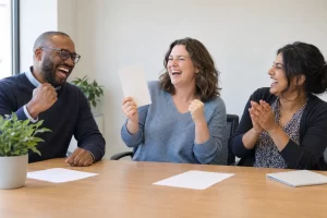 Three fictional adult agricultural market staff clearly laughing beside a blank price card for sheep carcase classification rules.