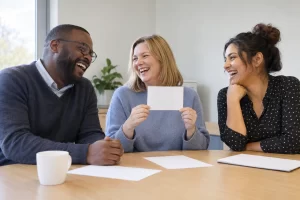 Three fictional adult office staff clearly laughing beside a blank card for the VOA customer feedback survey.