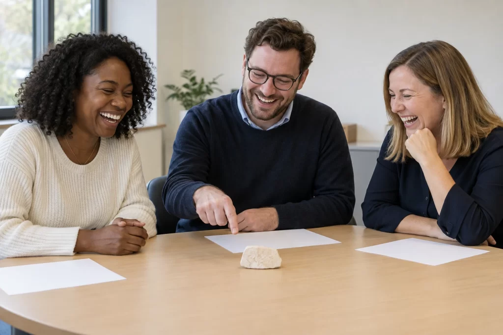 Three fictional adult trade remedy staff clearly laughing beside an unmarked limestone sample for a Portuguese limestone investigation.