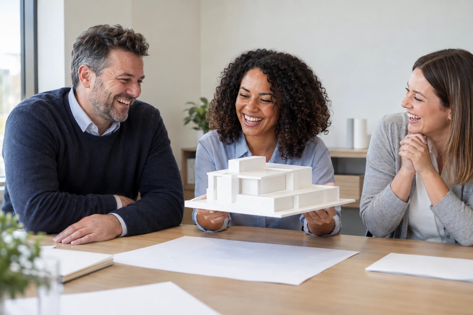 Three fictional adult project staff clearly laughing beside a blank model for the Darlington Government Hub.
