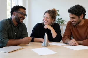 Three fictional adult space hub staff clearly laughing beside an unmarked rocket model for Westcott Space Hub.