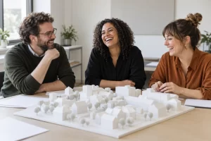 Three fictional adult planning staff clearly laughing beside a blank model for new build design guidance.