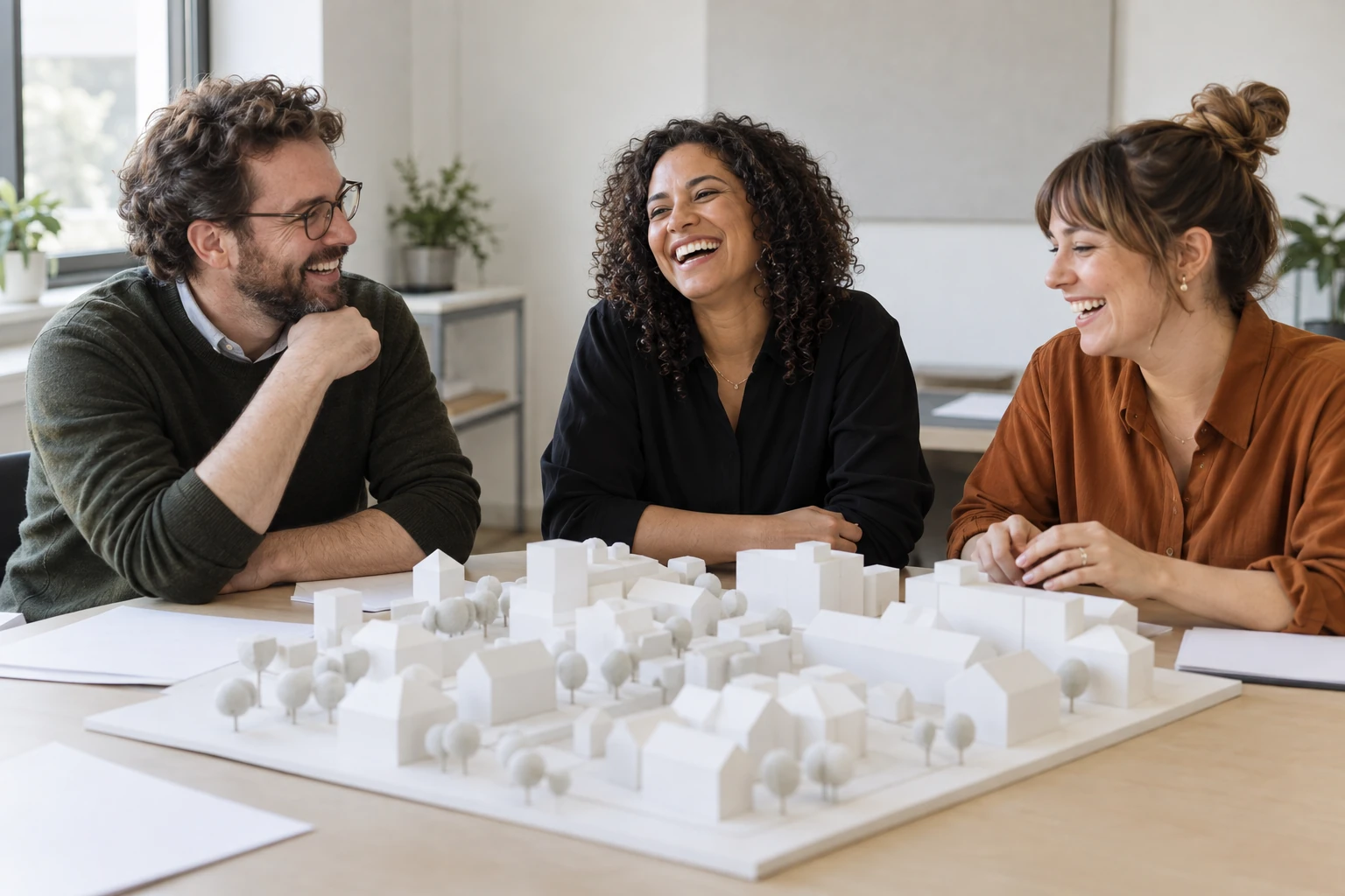 Three fictional adult planning staff clearly laughing beside a blank model for new build design guidance.