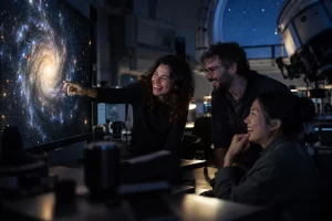 Three fictional adult astrophysics researchers clearly laughing beside an abstract early universe quasar display.