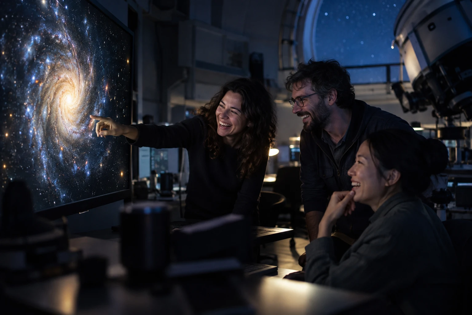 Three fictional adult astrophysics researchers clearly laughing beside an abstract early universe quasar display.