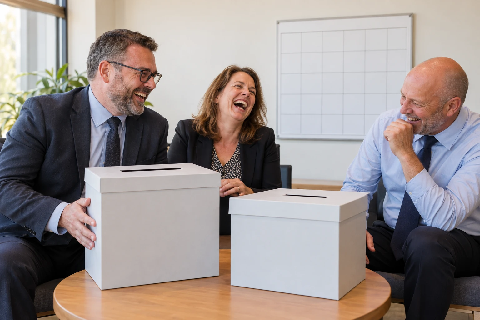 Three fictional adult council administrators laughing around two blank ballot boxes and a blank calendar.