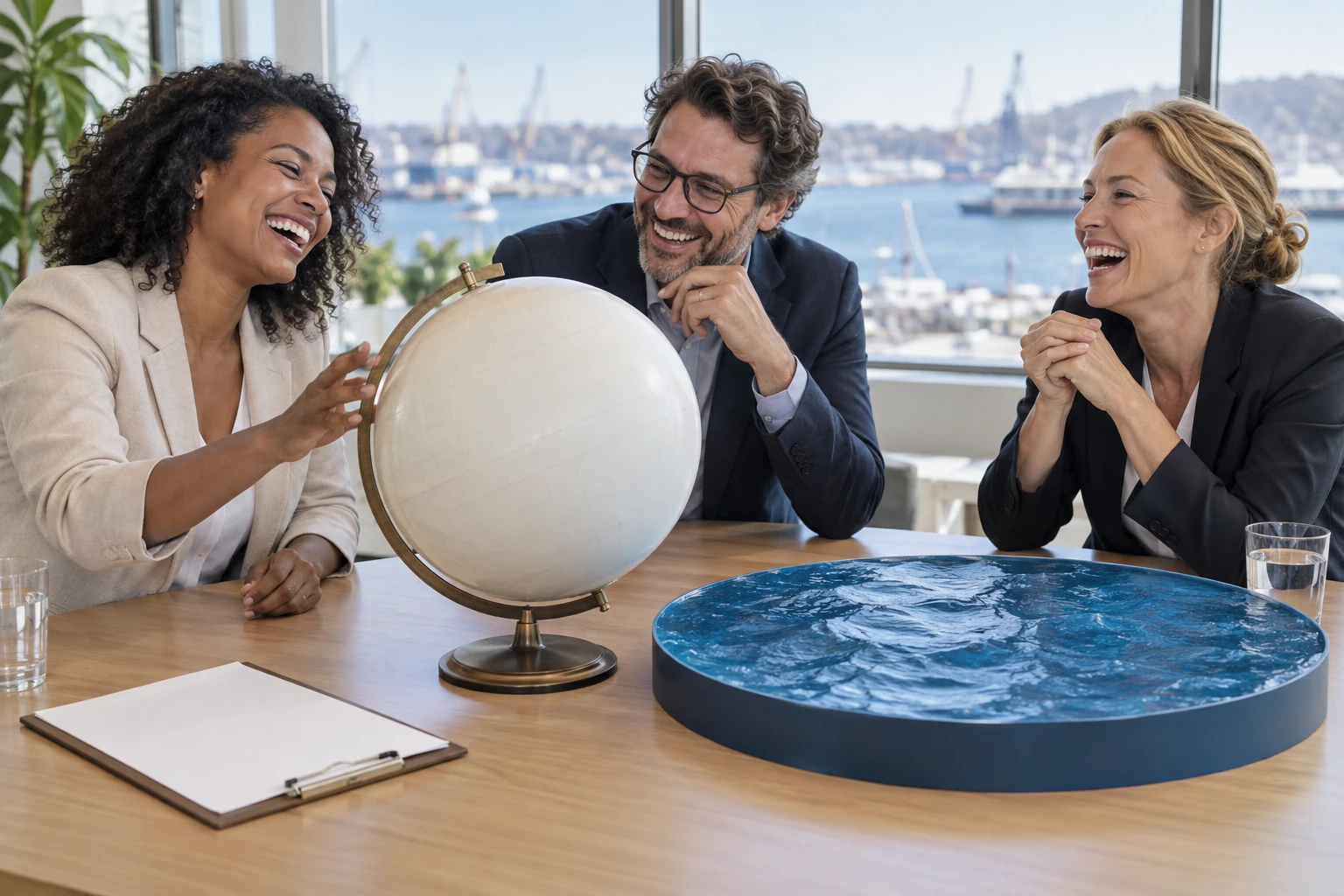 Three fictional adult marine policy planners laughing around a blank globe and unmarked blue model ocean.