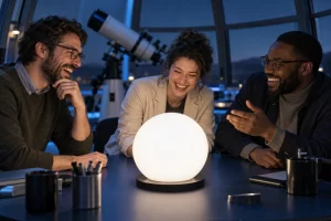 Three fictional adult astronomers laughing around a blank glowing white sphere in an observatory.