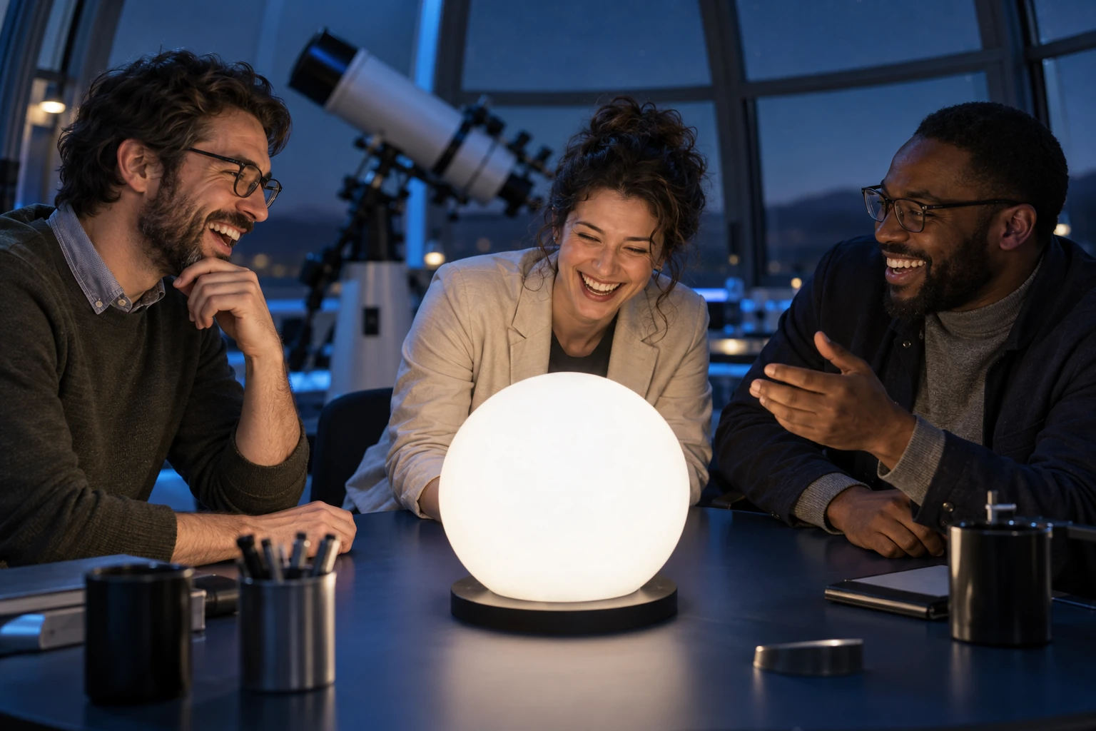 Three fictional adult astronomers laughing around a blank glowing white sphere in an observatory.