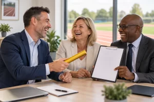 Three fictional adult sports administrators laughing around an unbranded relay baton and blank clipboard.