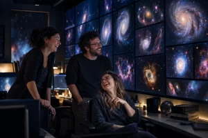 Three fictional adult astronomy researchers clearly laughing beside abstract Hubble archive anomalies.