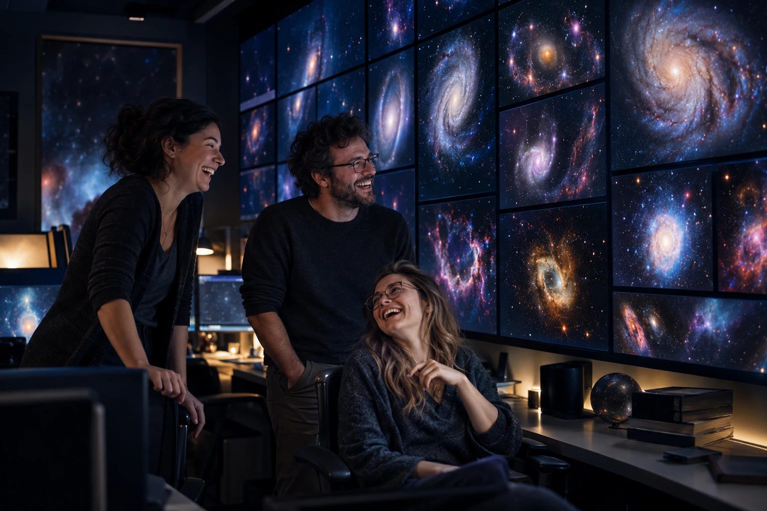Three fictional adult astronomy researchers clearly laughing beside abstract Hubble archive anomalies.
