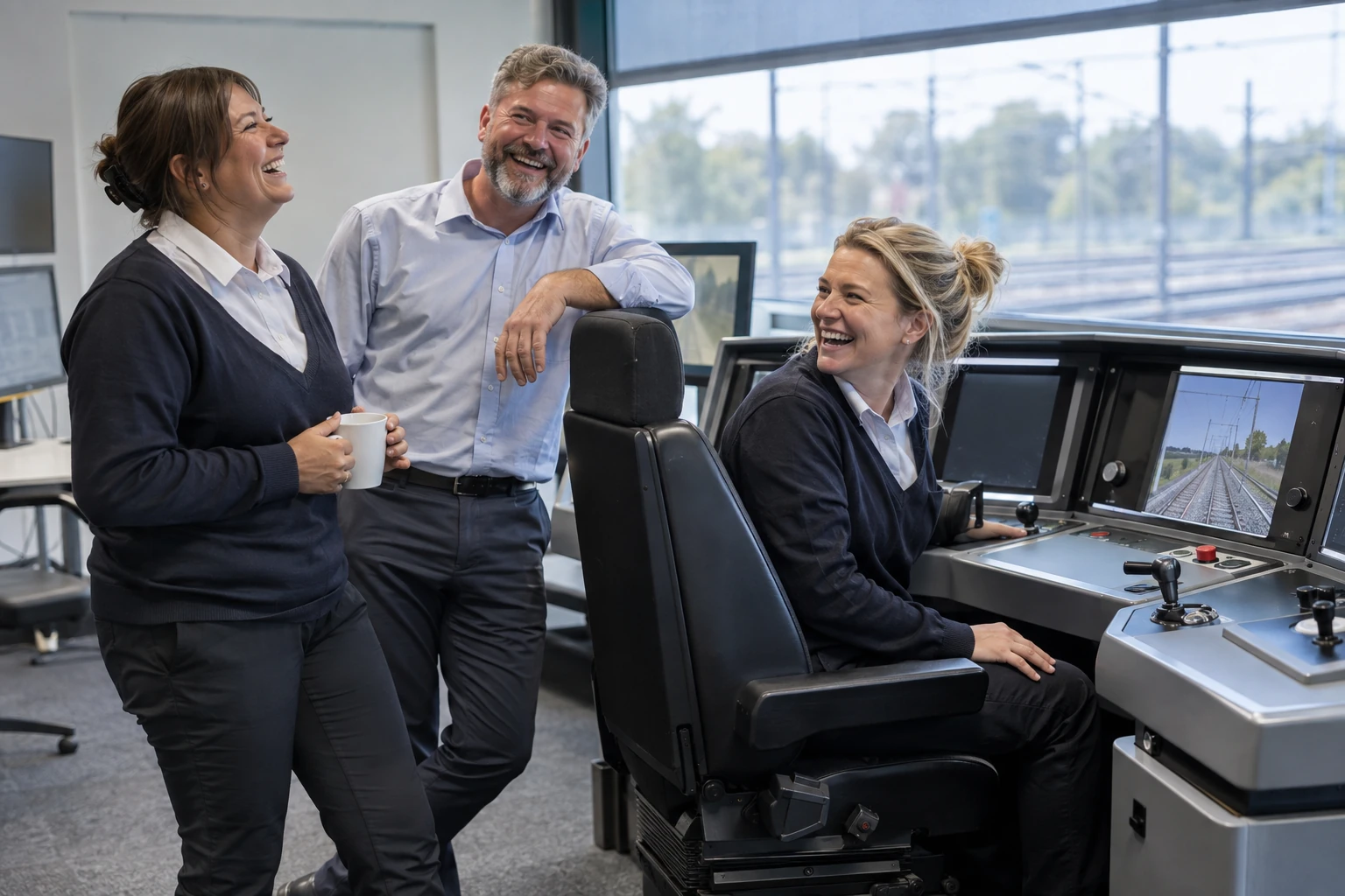 Three fictional adult rail training staff clearly laughing beside a simulator for train driver age consultation.