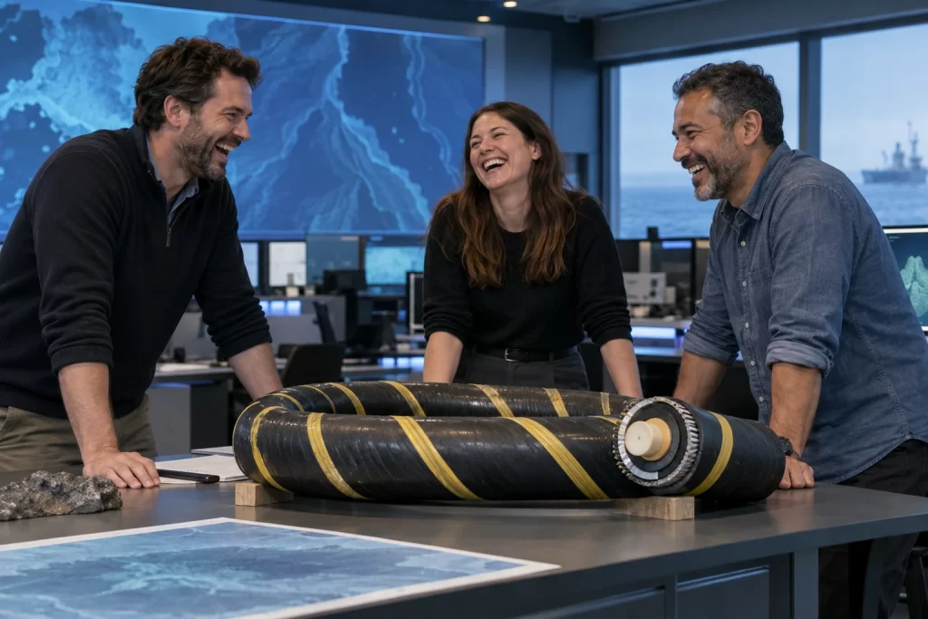 Three fictional adult infrastructure engineers clearly laughing beside a cable model for undersea cable resilience.