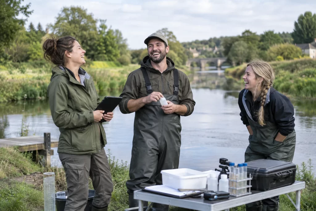 Three fictional adult field staff clearly laughing beside river sampling equipment for bathing water designation.