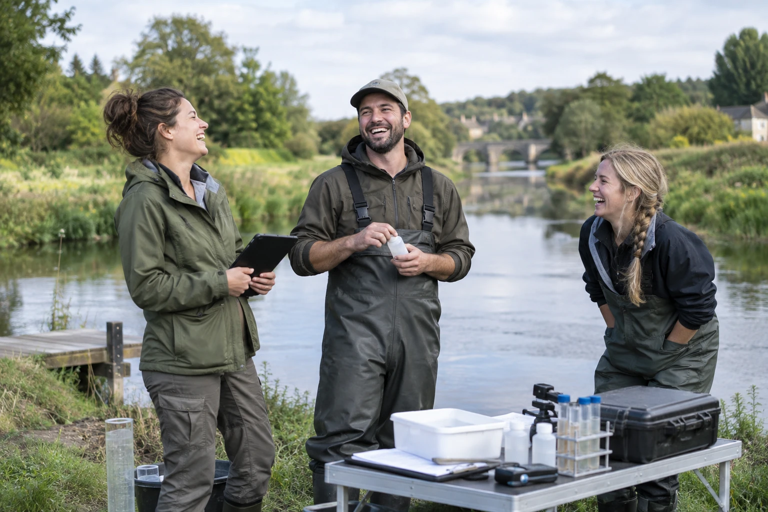 Three fictional adult field staff clearly laughing beside river sampling equipment for bathing water designation.