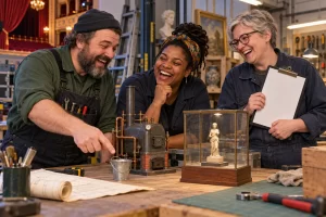 Three fictional adult cultural venue maintenance planners clearly laughing beside a tiny boiler and museum display case.