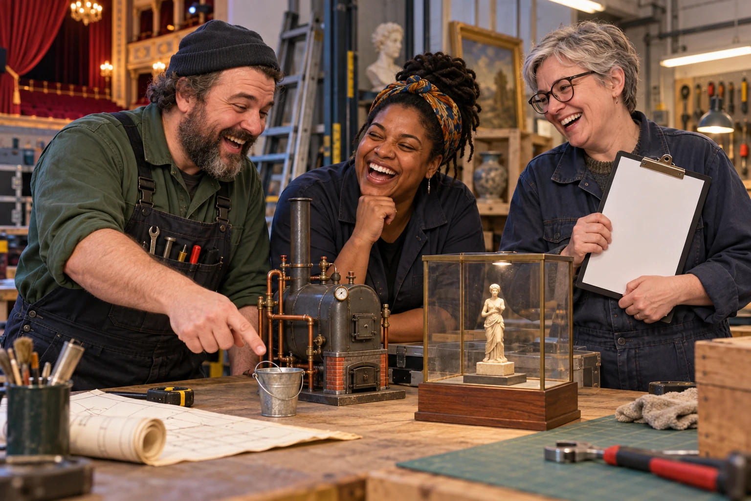 Three fictional adult cultural venue maintenance planners clearly laughing beside a tiny boiler and museum display case.