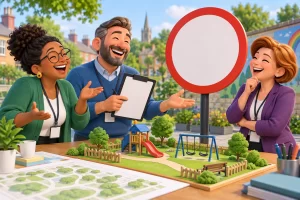 Three fictional adult public health planners clearly laughing beside a playground model and blank sign.
