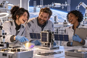 Three fictional adult space manufacturing engineers clearly laughing around a satellite model and semiconductor wafer.