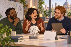 Three fictional adult AI safety research planners clearly laughing around an abstract computer model and blank calendar.