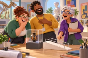 Three fictional adult museum access planners clearly laughing around a display case and ramp model.