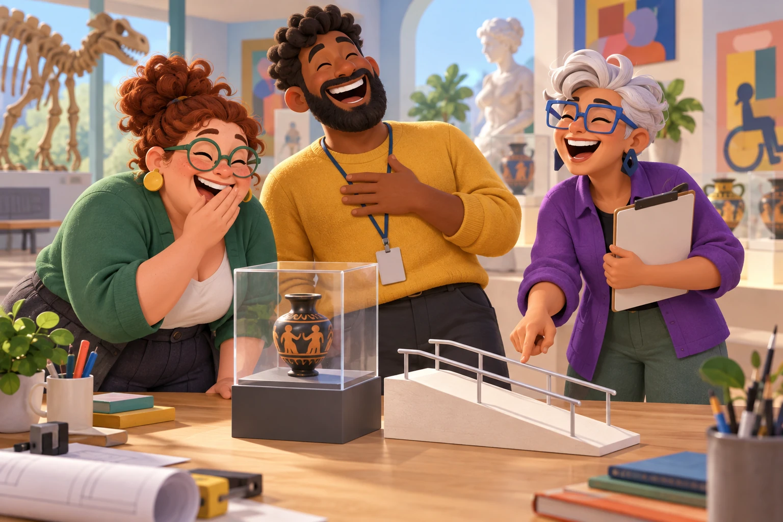Three fictional adult museum access planners clearly laughing around a display case and ramp model.