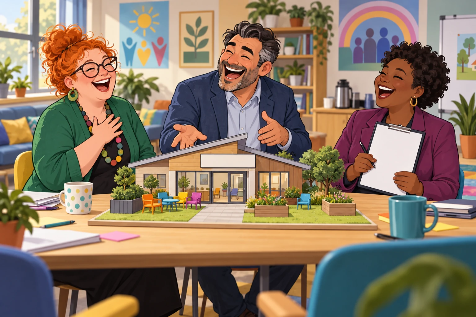 Three fictional adult youth wellbeing planners clearly laughing around a community support hub model and blank sign.