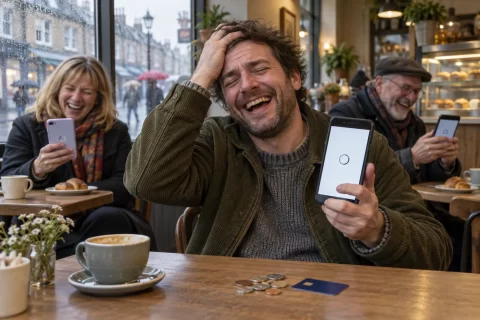 Three fictional adults laughing in a cafe while bank apps display loading circles.