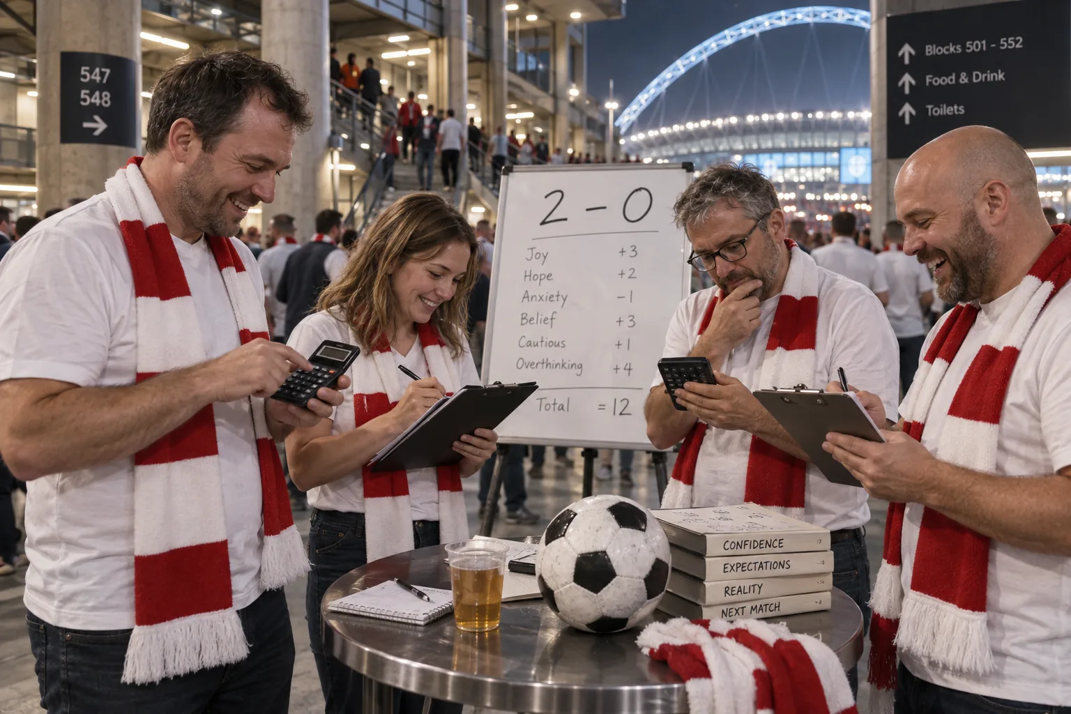 Fictional adult football supporters use calculators and clipboards in a stadium concourse.